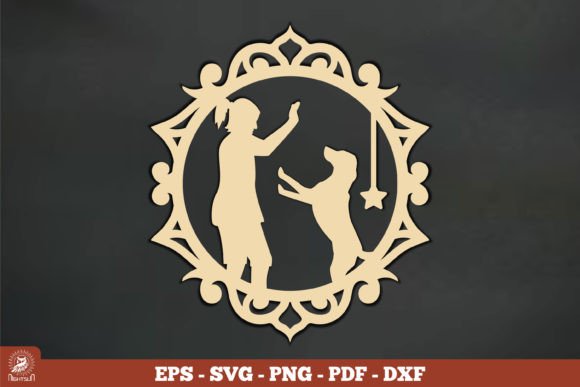 Girl and Dog Ornament Vintage SVG